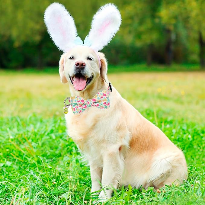ADOGGYGO Easter Dog Collar with Detachable Bow, Adjustable Easter Bunny Bowtie Collar for Small Medium Large Dogs (Large)
