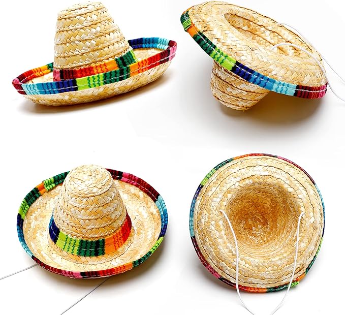 Dog Sombrero Hat and Dog Triangle Scarf Bib, Multicolored Sombrero Costume Rainbow Mouth Towel for Small Pets Mexican Party Decorations