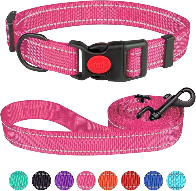 Reflective Dog Collar and Leash Set with Safety Locking Buckle Nylon Pet Collars Adjustable for Small Medium Large Dogs 3 Sizes(Hotpink&M)