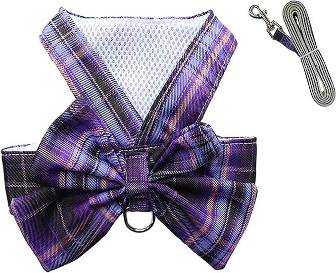 Dog Harness and Leash Set, Cute Bow Tie Plaid Harnesses for Puppy Cat, Adjustable Pet Kitties Vest, Breathable Harness Traction Rope for Boy Girl Small Animal(Harness Purple,L for 8.8-12.1lbs Dog)