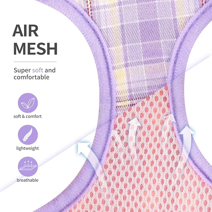 voopet Small Dog Harness and Leash Lightweight Cat Comfort Padded Soft Mesh Vest Step in Dog Harness No Pull No Choke Reflective Small Plaid Girl & Boy Puppy Kitty Walking Harness, Purple L