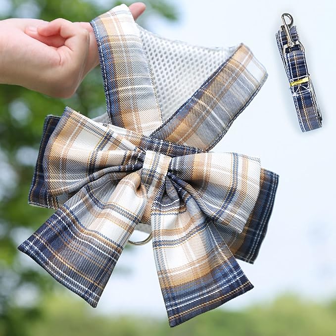 Dog Harness and Leash Set, Cute Bow Tie Plaid Harnesses for Puppy Cat, Adjustable Pet Kitties Vest, Breathable Harness Traction Rope for Boy Girl Small Animal(Harness Navy Blue,M for 5.5-8.8lbs Dog)