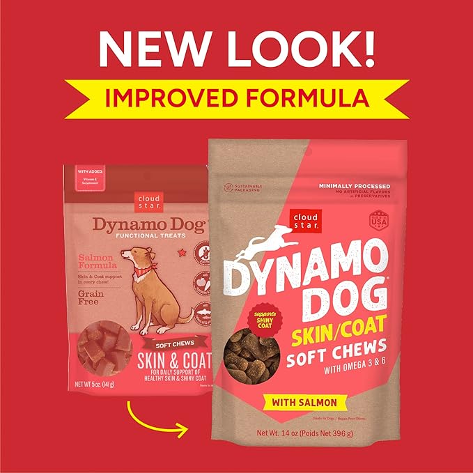 Cloud Star Dynamo Dog Skin & Coat Soft Chews Grain Free Dog Treats, Salmon, 14 oz. Pouch