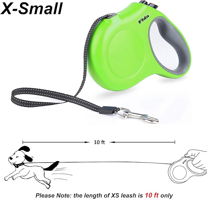 Fida Retractable Dog Leash, 10ft Heavy Duty Pet Walking Leash for X-Small Dog or Cat up to 18 lbs, Tangle Free. One-Hand Brake (X-Small, Green)