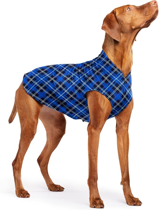 Stretch Fleece Dog Coat, Stretchy Pet Sweater, Machine Washable Pullover for Winter and Fall, Blue Plaid, 18