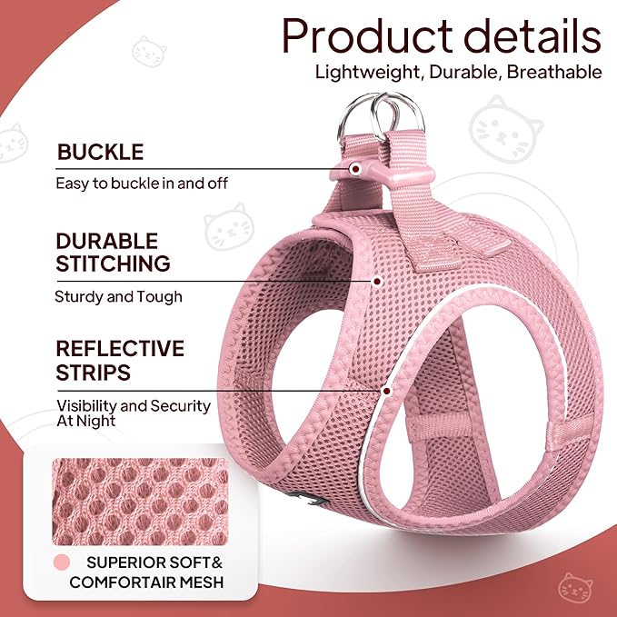 TwoEar Cat Harness Escape Proof, Soft Dog Vest Harness Adjustable, Breathable Mesh Step-in Puppy Walking Jacket Reflective Easy Control for Extral Small Pets for Outdoor Walking(XXS, Pink)