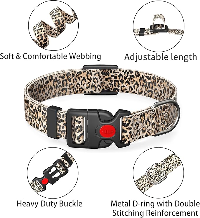 Cute Floral Dog Collar for Small Medium Large Dogs,Girl Female Dog Collars Soft Patterns Adjustable Pet Collar with Quick Release Safety Buckle for Puppy Breed Boy Dogs,Leopard,L