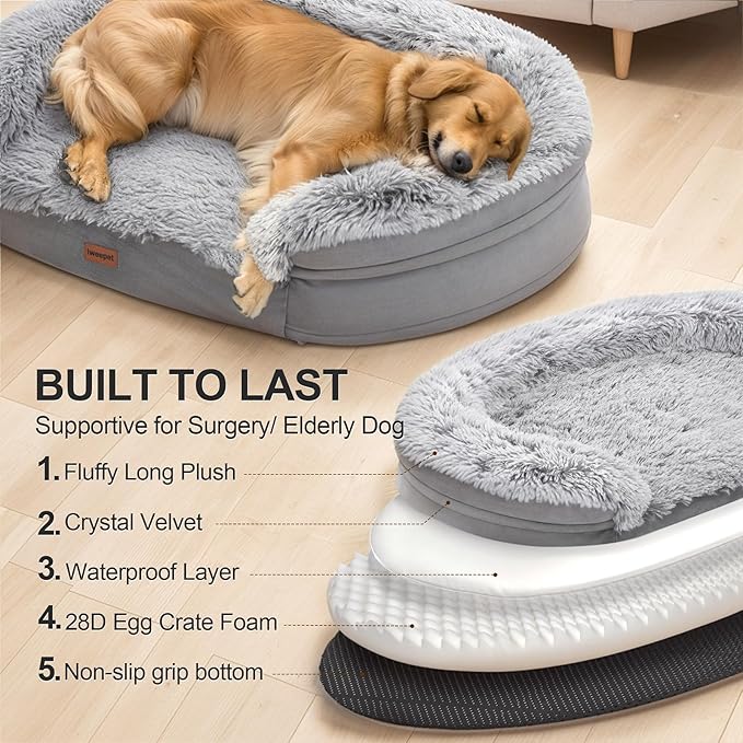 3.7 inch Thickened Orthopedic Dog Beds for Large Dogs,Supportive Dog Sofa Bed with 28D Egg-Crate Foam, Removable Washable Plush Cover, Waterproof Lining, Half-Round Design for Puppy, Senior Dog