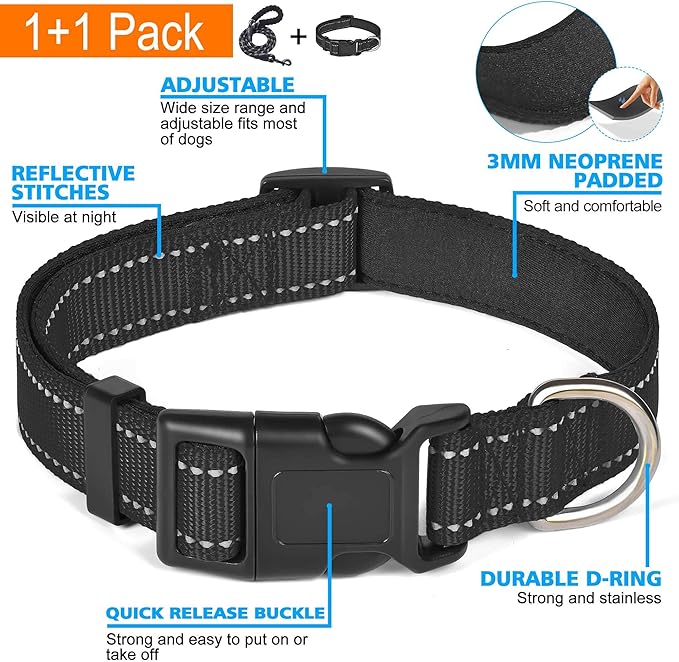 Reflective Dog Collar Padded with Soft Neoprene Breathable Adjustable Nylon Dog Collars for Small Medium Large Dogs (Large (Pack of 1), Black Collar+Leash)