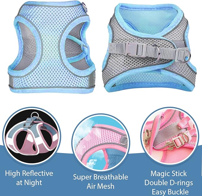 Soft Small Dog Harness and Leash Set Mesh Puppy Harnesses Leash Easy Walk Dog Harness Vest Adjustable Reflective No Pull Dog Harnesses for Small Dogs Cats (Blue Grey,L)