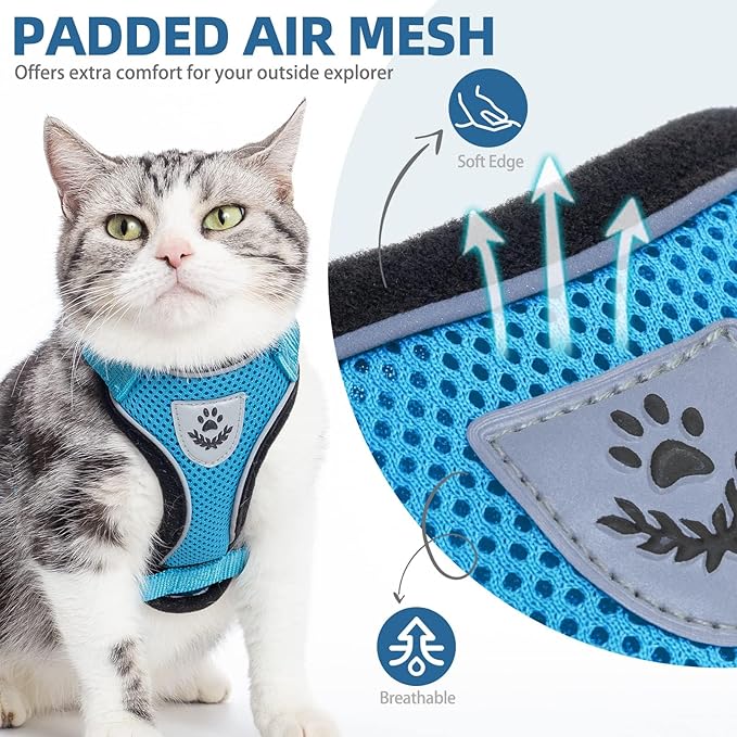 PUPTECK Cat Harness and Leash Set Escape Proof Reflective Cat Walking Harness Adjustable Soft Breathable Mesh Vest for Small Pets, Blue, M