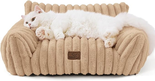 Bedsure Cute Couch for Pets - Fluffy Cat Sofa with Premium Soft Corduroy Fleece, Fuzzy Couch Bed with Removable Washable Cover, Supportive Cat Chair, 24in, Tuscan Beige