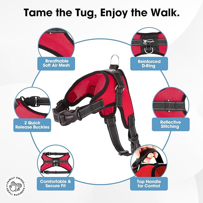 No Pull Reflective Adjustable Dog Harness with Handle- Comfortable Soft All Weather Mesh, Easy On Puppy Harness for Small Medium and Large Dogs (Red) Large