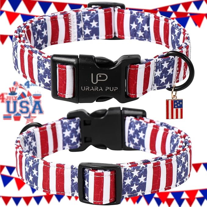 Flag Dog Collar, 4th of July Comfortable Cotton Dog Collars, American Flag Collar for Medium Girl Boy Dogs, Patriotic Collars with Quick Release