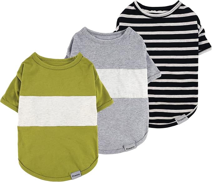 Fitwarm 3 Pack Color Block Striped Dog Shirt, Summer Dog Clothes for Small Dogs, Breathable Lightweight Pet Tshirt with Sleeves, Cat Outfit, Oliver Green, Grey, Black, Large