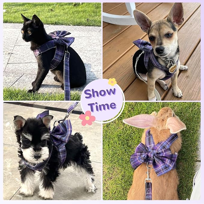 Cute Dog Harness and Leash Set with Bow Tie Soft Mesh Plaid Girl Puppy Harness No Pull Pet Cat Dog Vest Harness for Small Dogs Chihuahua Rabbit Outfit (Purple,L)
