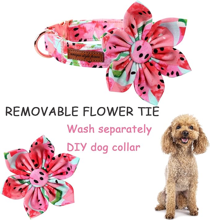 Unique style paws Dog Collar with Flower Tie Cotton Watermelon Collar Adjustable Summer Collar for Small Medium Large Dogs - XL