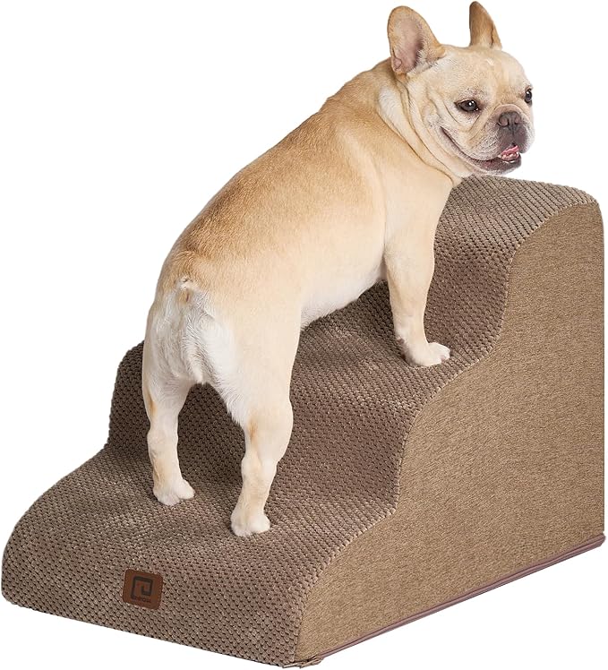 EHEYCIGA Curved Dog Stairs Ramp for Small Dogs 15.7" H, 3-Step Dog Steps for Couch Sofa and Chair, Pet Stairs for Cats, Non-Slip Balanced Pet Steps Indoor, Camel