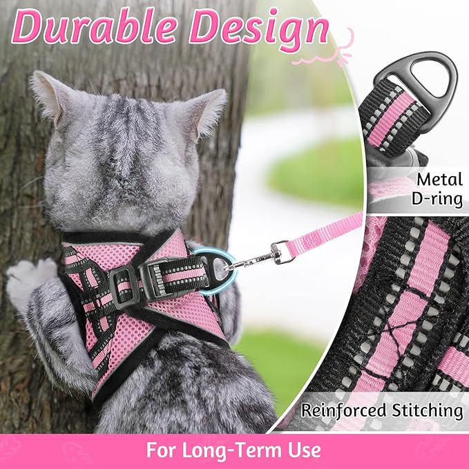 rabbitgoo Cat Harness and Leash Set for Walking Escape Proof, Adjustable Soft Kittens Vest with Reflective Strip for Cats, Comfortable Outdoor Vest, Pink, L