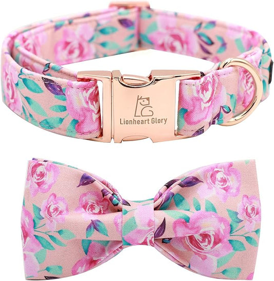Lionheart glory Floral Rose Print Dog Collar Adjustable Soft Dog Collar with Bowtie, Girl Pet Collars for X-Small Small Medium Large Dogs