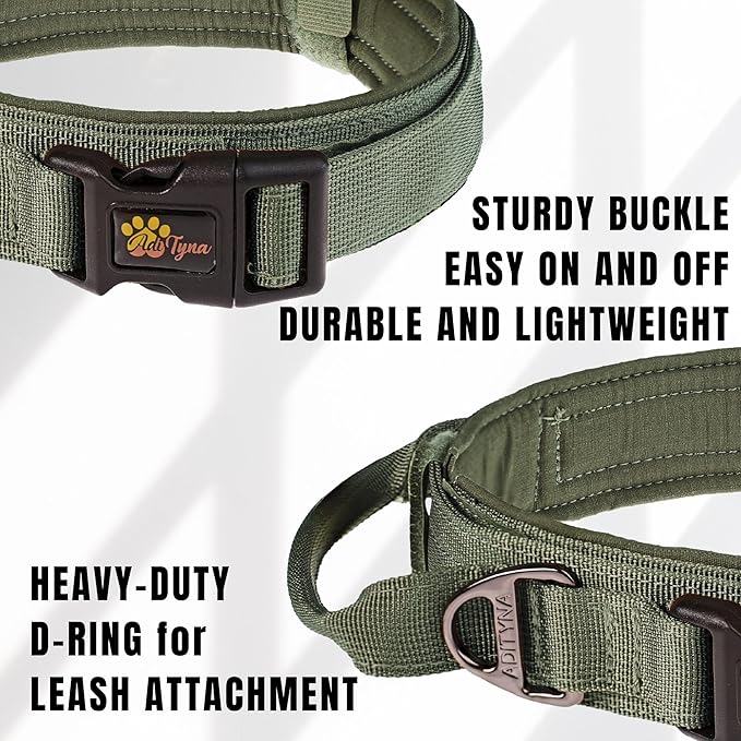 ADITYNA Tactical Dog Collar for Medium Dogs - Soft Padded, Heavy Duty, Service, Adjustable, Military, K9 Green Medium Collar with Handle for Training and Walking