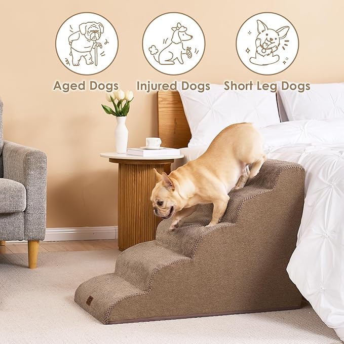 EHEYCIGA Curved Dog Stairs Ramp for High Beds 22.6" H, 5-Step Dog Steps for Small Dogs and Cats, Pet Stairs for High Bed Climbing, Non-Slip Balanced Pet Step Indoor, Camel