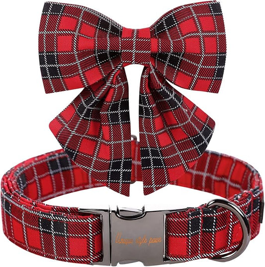 Unique style paws Christmas Dog Collar with Tie Red Black Grid Cotton Collar Adjustable Puppy Plaid Collar for Small Medium Large Dogs-M
