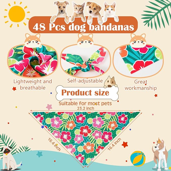 72 Pcs Dog Bandanas Tie Set Summer Bulks Pet Scarves with Fruit Floral Pattern Adjustable Cute Dog Triangle Scarfs Neck Ties for Holiday Birthday Accessories
