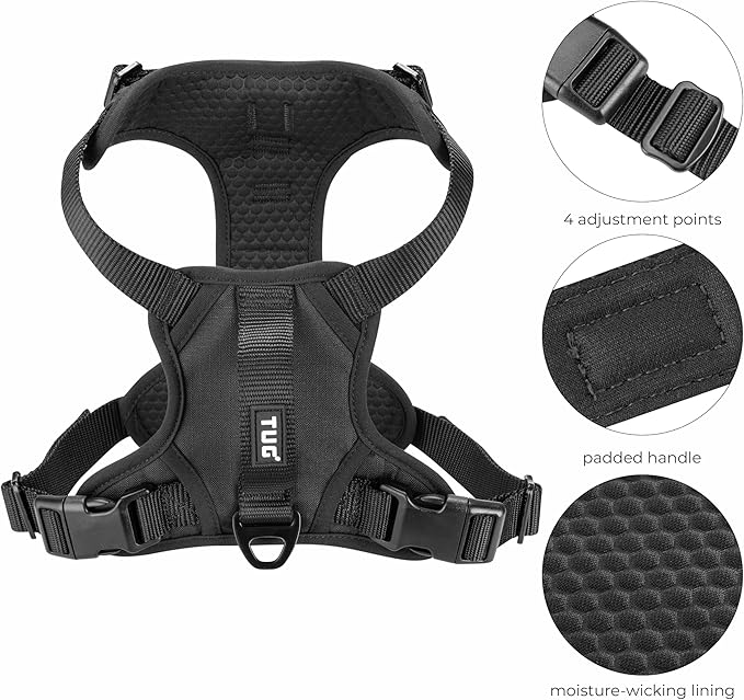 TUG Dog Harness with 2 Leash Connection Points | Adjustable, Padded, Lightweight | Handle on Back | No-Pull Front Clip (Large, Black)