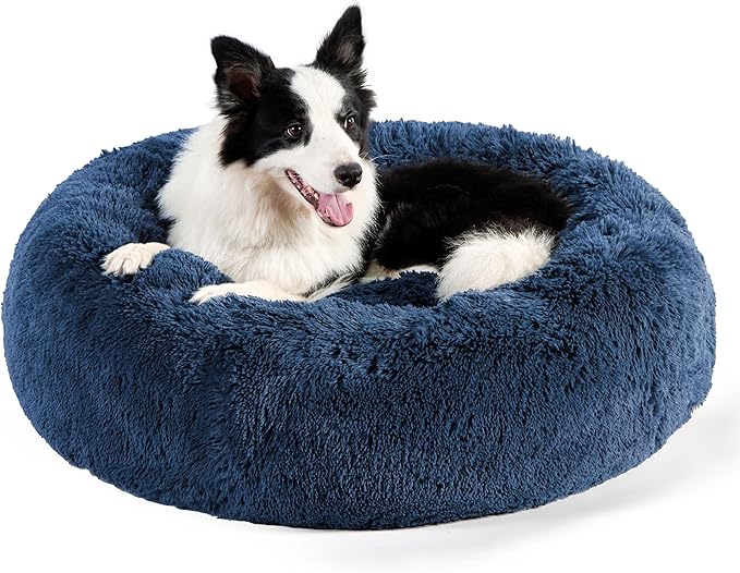 Bedsure Calming Dog Bed for Large Dogs - Donut Washable Large Pet Bed, 36 inches Anti Anxiety Round Fluffy Plush Faux Fur Dog Bed, Fits up to 100 lbs Pets, Navy