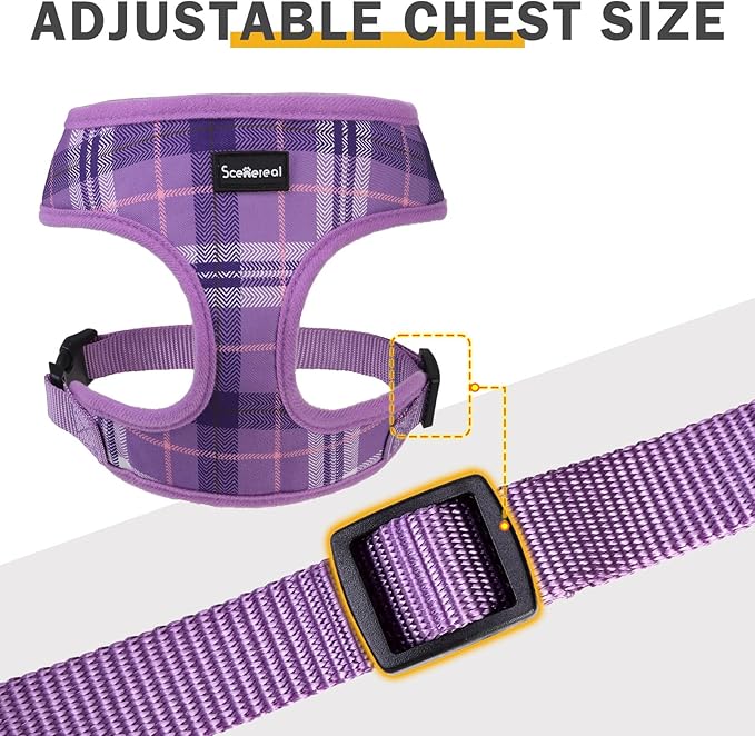 SCENEREAL No Pull Dog Harness Collar and Leash Set Small Medium Sized Dog, Soft Mesh Step in Puppy Harnesses, No Chock Plaid Adjustible Pet Vest for Outdoor Walking Training and Running, Purple S