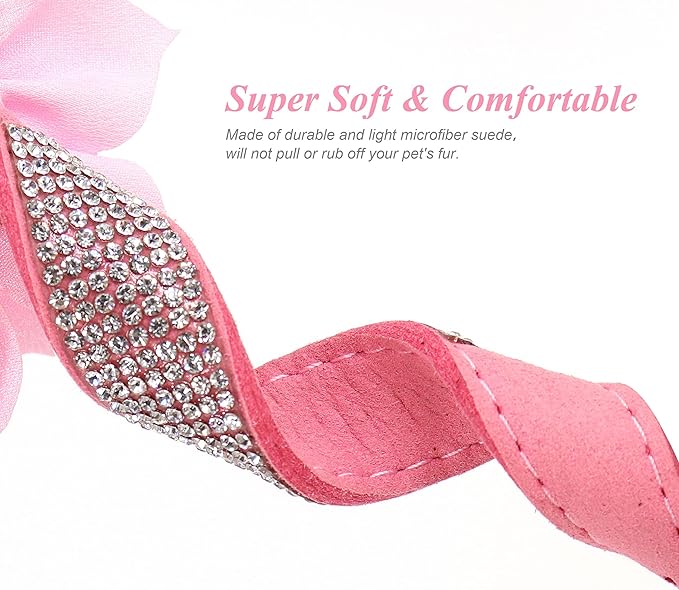PET ARTIST Rhinestone Dog Collar and Leash Set, Sparkling Girl Dog Collars with Bling Diamonds, Soft Leather Pink Pet Collar with Cute Flower for Small Puppy Dogs Walking Party Wedding,S
