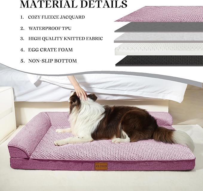 Orthopedic Jacquard XL Dog Bed for Large Dogs 42''X28'', Waterproof L Shaped Big Large Pet Sofa Bed with Washable Removable Cover, Non-Slip Soft Warm Comfortable Pet Couch Sleep Mat, Purple