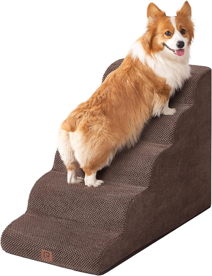 EHEYCIGA Curved Dog Stairs Ramp for High Beds, 5-Step Extra Wide Dog Steps for Small Dogs and Cats, Pet Stairs for High Bed Climbing, Non-Slip Balanced Pet Step Indoor, Brown