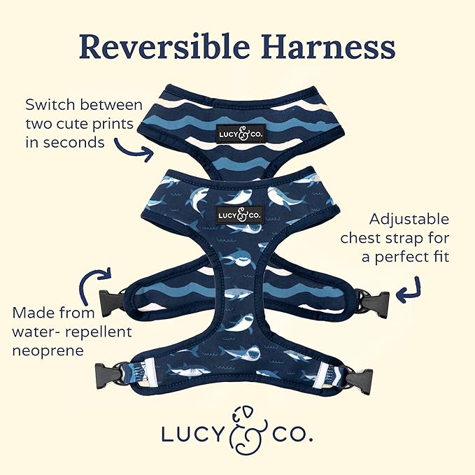Reversible Dog Harness - Best Designer Pet Harnesses for Extra Small Medium Large XL Dogs - Padded Adjustable Puppy Vest for Easy Walking (Medium, Shark Attack)