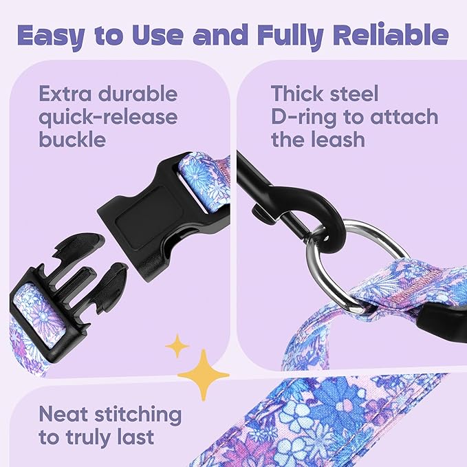 Dog Collar for Medium & Large Dogs - Flowers Cotton Padded Pattern on Long Lasting, Adjustable, Strong and Durable Collars - Choose from Stunning Patterns and Colors