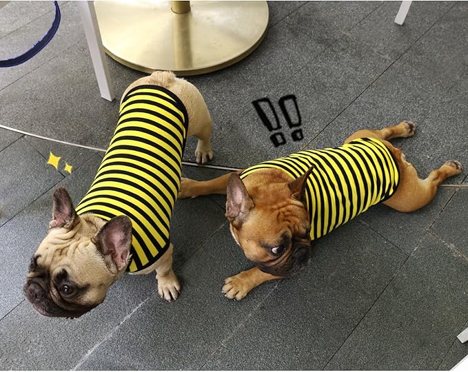 iChoue Pug 100% Breathable Cotton Striped T Shirts Halloween Vest Clothes for Medium Dogs Tank Tops Puppy French Bulldog Frenchie English Boston Terrier Pitbull Yellow Black Stripes - Small