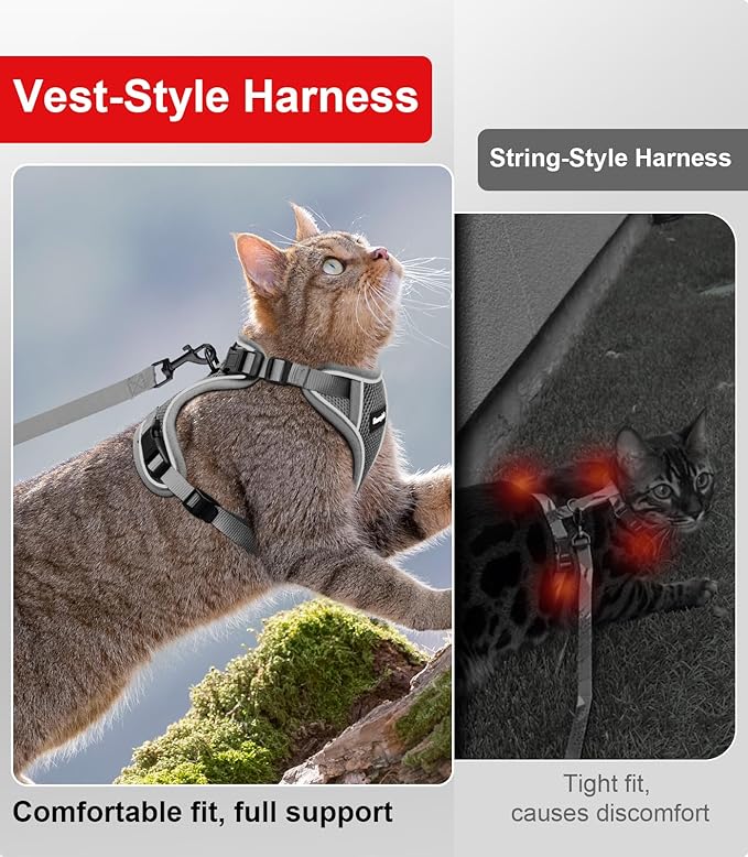 Cat Harness and Leash for Walking Escape Proof Soft Adjustable Cat Leash Breathable Comfortable Vest Easy to Wear Kitten Harness for Outdoor Travel Grey XS