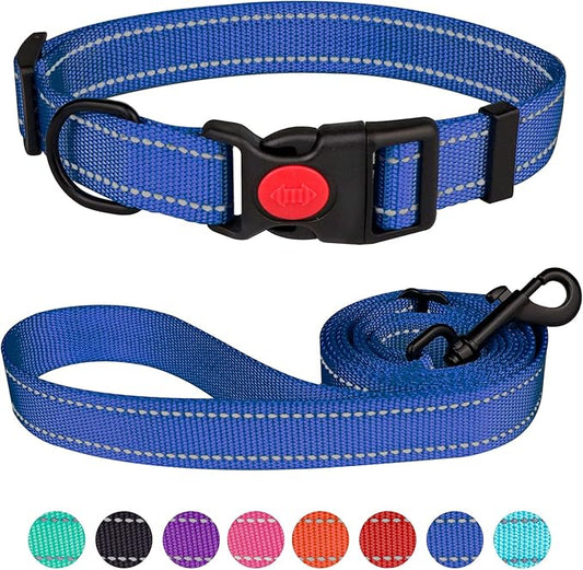 Reflective Dog Collar and Leash Set with Safety Locking Buckle Nylon Pet Collars Adjustable for Small Medium Large Dogs 3 Sizes(Navy Blue&L)