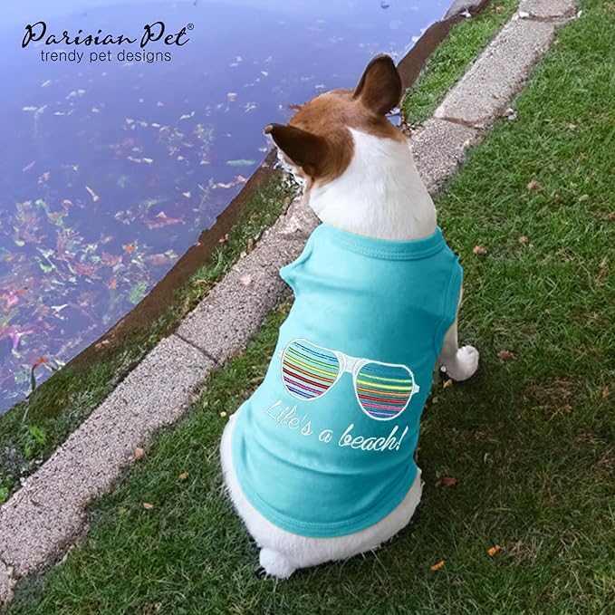 Parisian Pet Dog Tshirt - Embroidered “Life’s a Beach“ Lightweight Tank Top - 100% Cotton, Tee Shirts - Summer Dog Clothes - Machine Washable Shirts for Medium Dogs - M