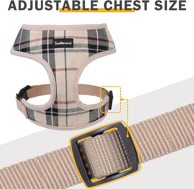 SCENEREAL No Pull Dog Harness Collar and Leash Set Small Medium Sized Dog, Soft Mesh Step in Puppy Harnesses, No Chock Plaid Adjustible Pet Vest for Outdoor Walking Training and Running, Beige XS