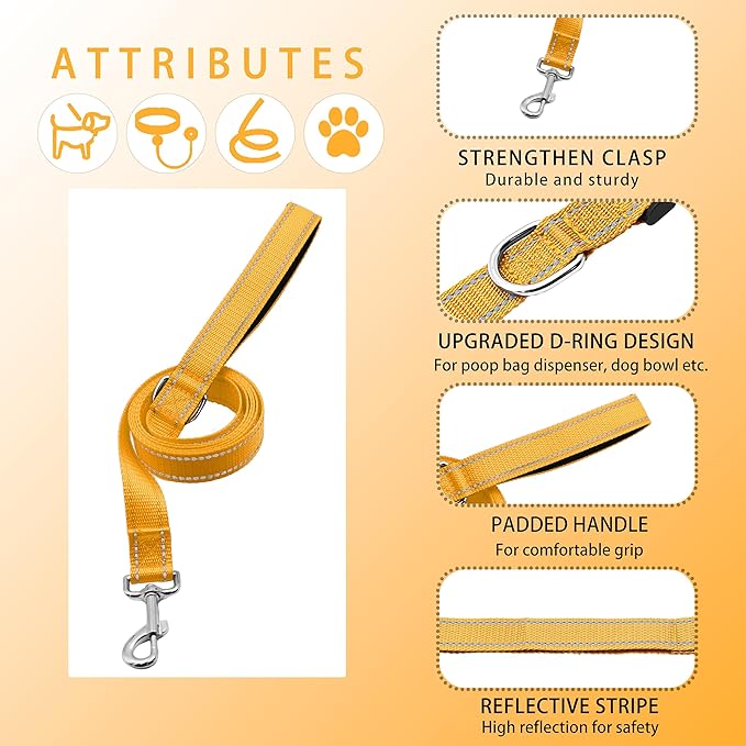 Reflective Dog Collar with Safety Locking Buckle, Adjustable Soft Breathable Nylon Collars for Small, Medium and Large Dogs(Collar+Leash XS Width 5/8" Yellow)