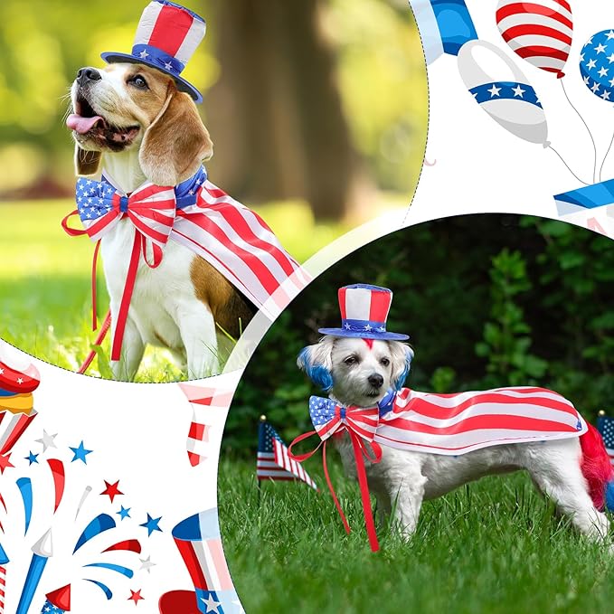 JaGely 3 Pcs Dog 4th of July Outfit Independence Day Costume Set Includes Dog Top Hat, American Flag Bow Tie Collar and American Flag Cape Pet Clothes for Dogs Puppy Cats Kitten(M)
