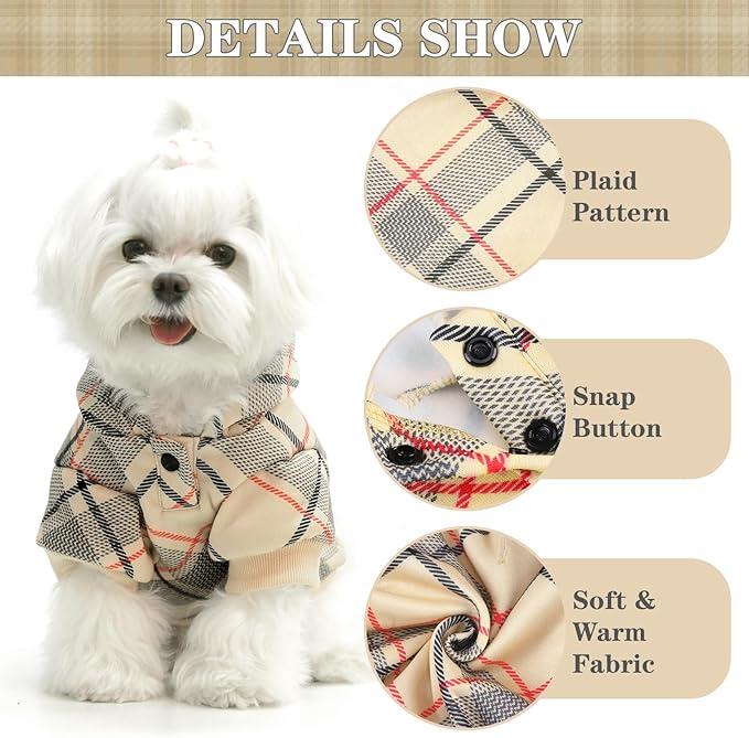 EXPAWLORER Plaid Dog Hoodie - British Style Warm Dog Sweater Shirt with Leash Hole,Pitbull Clothes Outfits,Winter Coat Apparel for All Breeds Puppy Girl Boy-Cat Apparel