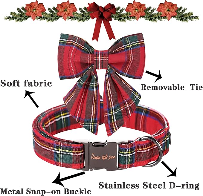 Unique style paws Christmas Dog Collar with Bow Tie Red Plaid Puppy Collar for Small Medium Large Dogs as Autumn Winter Gifts -L