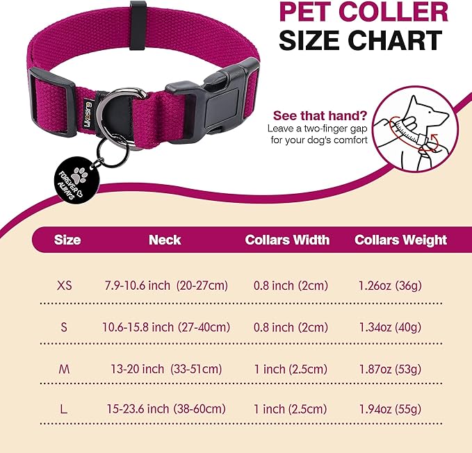 Cotton Soft Dog Collar, Quick Release Dog Collar with Buckle, Heavy-Duty Adjustable Pet Collar for XS Small Medium Large Dog, Colorfast Dog Collars with Removable Tag(S, Rose Red)