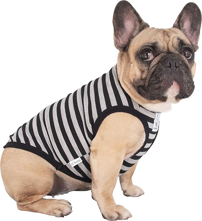 iChoue Pug 100% Breathable Cotton Striped T Shirts Halloween Vest Clothes for Medium Dogs Tank Tops Puppy French Bulldog Frenchie English Boston Terrier Pitbull Grey Black Stripes - Small