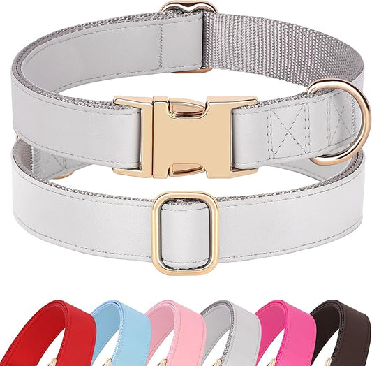 PET ARTIST Soft Leather Dog Collar for Medium Dogs, Bright & Classic Nylon Padded Heavy Duty Dog Collar Leather with Quick Release Metal Buckle Adjustable for Male Dogs, Neck Fit 13-19"