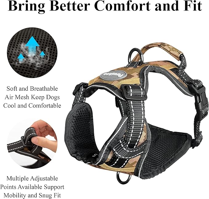 No Pull Dog Harness, Reflective Walking Dog Harness with Easy Control Handle and Front & Back Clips,Adjustable Breathable Soft Padded Dog Vest Harness for Large Medium Small Dogs, Camo,S