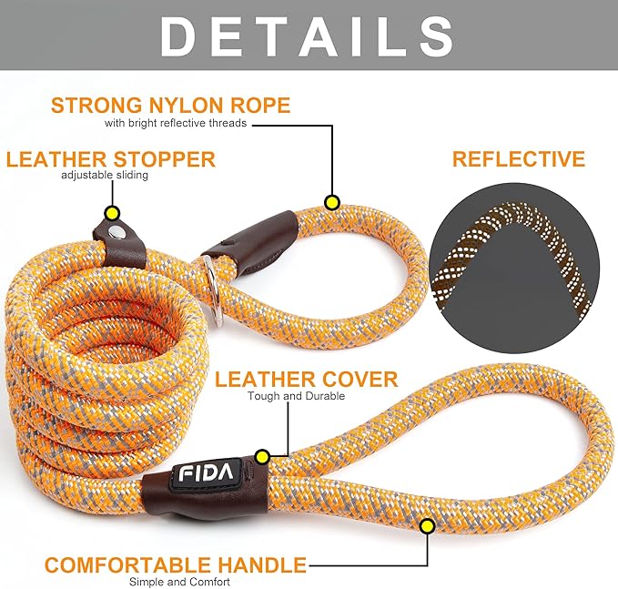 Fida Durable Slip Lead Dog Leash Bulk Pack of 5, Heavy Duty 1/2" x 6 FT Comfortable Strong Rope Slip Leash for Large, Medium Dogs No Pulling Pet Training Leash with Highly Reflective (Orange)